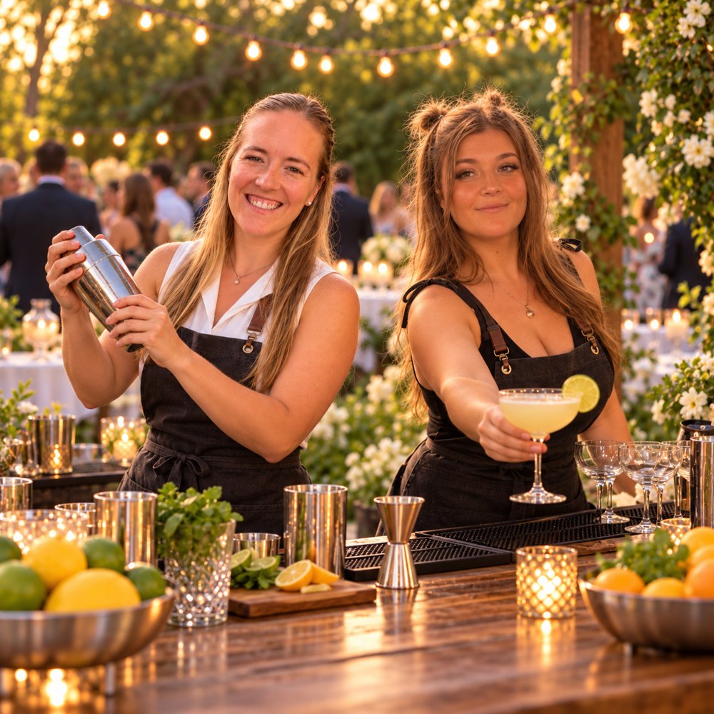 Janilee and Christina mixing cocktails at an outdoor bar